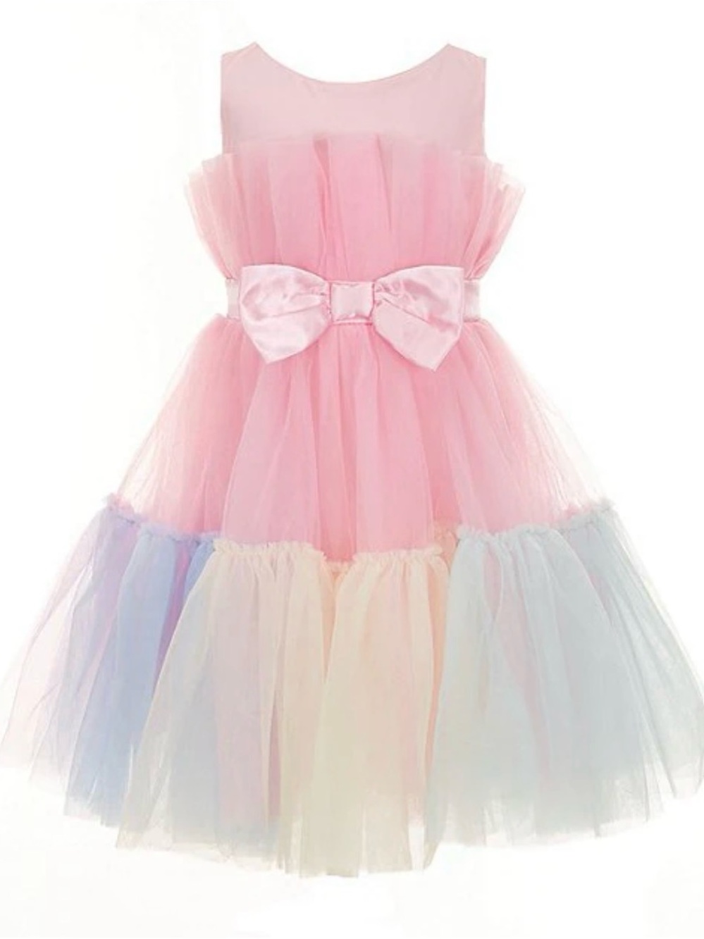 Xtraordinary Little Girls Rainbow Tulle Bow Front Cupcake Dress Size 4 Fit & Fla